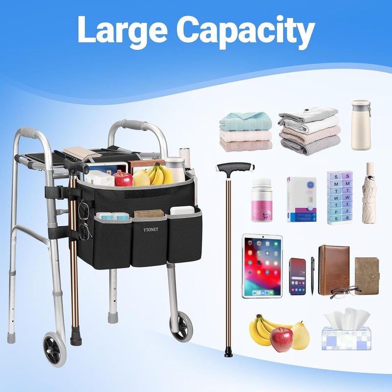 Ytonet Walker Basket with Tray, Detachable Walker Tray for Folding Walkers, Large Capacity Storage Basket with Phone and Crutch Holder, Water-Resistant Non-slip Walkers Accessories for Seniors (Black) - Image 5